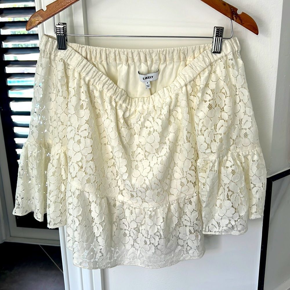 LIKELY brand off the shoulder cream peplum lace top size 4